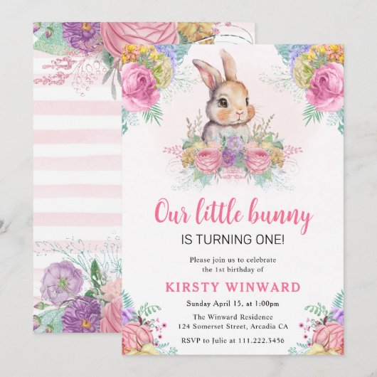 Waterverf Spring Flowers and Rabbit 1st Birthday Kaart (Voorkant / Achterkant)