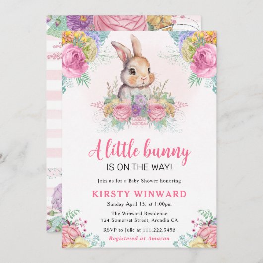 Waterverf Spring Flowers and Rabbit Baby shower Kaart (Voorkant / Achterkant)