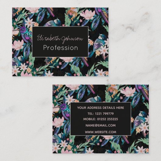 Waterverf Spring Flowers Birds Black Pattern Visitekaartje (Voorkant / Achterkant)