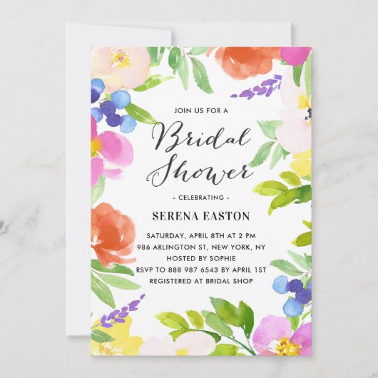 Waterverf Spring Flowers Bridal Shower Uitnodiging (Voorkant)