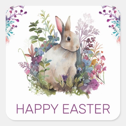 Waterverf Spring Flowers en Rabbit Happy Easter Vierkante Sticker (Voorkant)