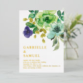 Waterverf Spring Flowers & Greenery Wedding Gold Folie Uitnodiging (Staand Voorkant)