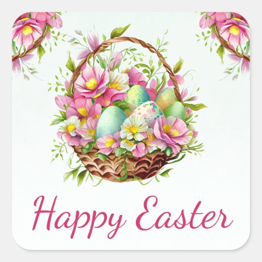 Waterverf Spring Flowers mandje Happy Pasen Vierkante Sticker (Voorkant)
