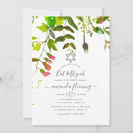 Waterverf Spring Greenery Bat Mitzvah Kaart (Voorkant)