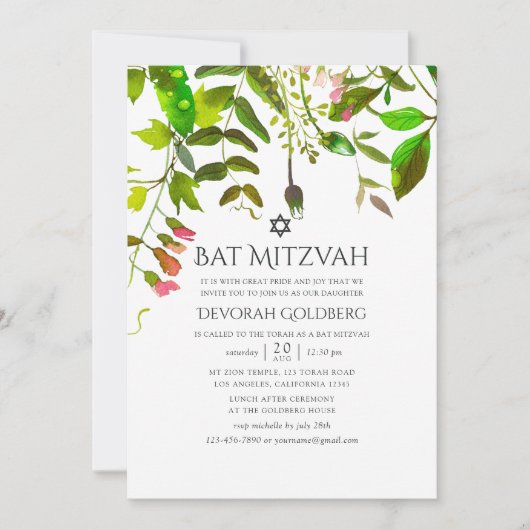 Waterverf Spring Greenery Bat Mitzvah Kaart (Voorkant)