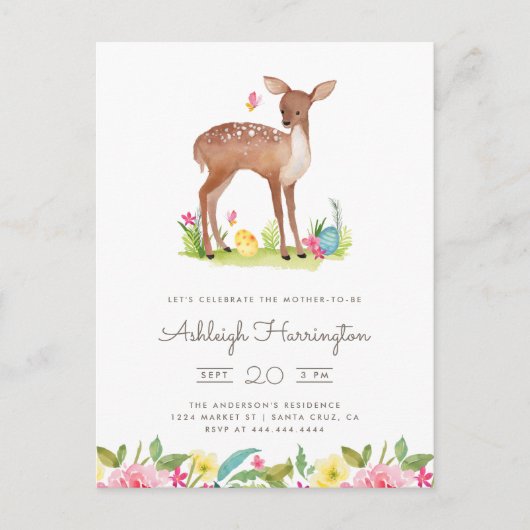 Waterverf Spring Meadow Flowers Deer Baby shower Uitnodiging Briefkaart (Voorkant)