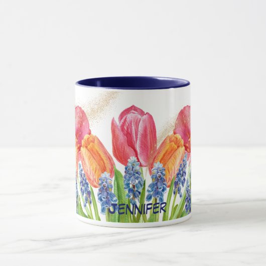 Waterverf Spring Tulips and Flowers Glitter Mok (Midden)