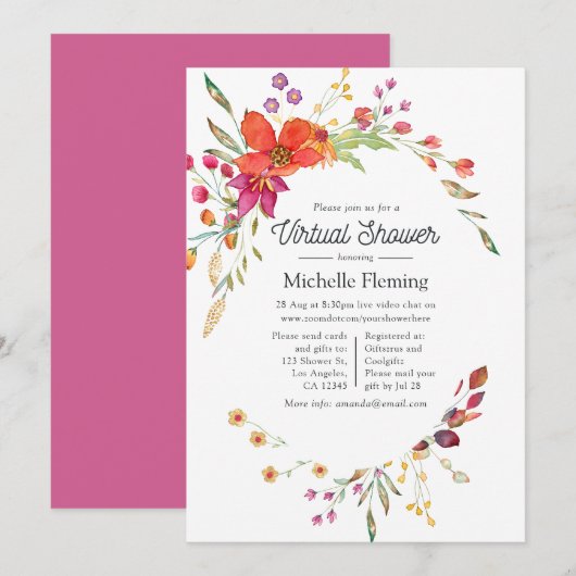 Waterverf Spring Wild Flower Virtual Baby shower Kaart (Voorkant / Achterkant)