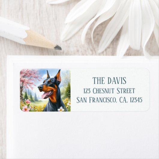 Waterverf Springtime bloemenveld Doberman - Etiket (Insitu)