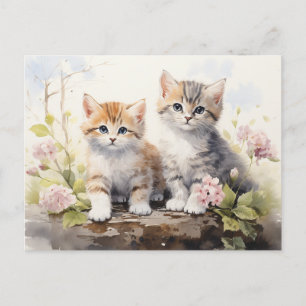 Waterverf Springtime Kittens Roze Geraniums Briefkaart