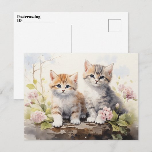 Waterverf Springtime Kittens Roze Geraniums Briefkaart (Voorkant / Achterkant)