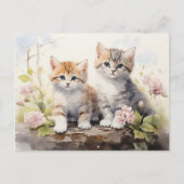 Waterverf Springtime Kittens Roze Geraniums Briefkaart (Voorkant)