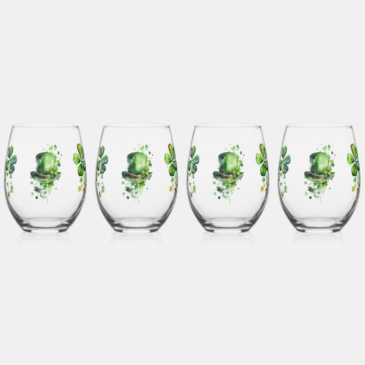 ☘️ Waterverf St. Patrick’s Day Clovers & Pet Wijnglas Zonder Voet (Voorkant)