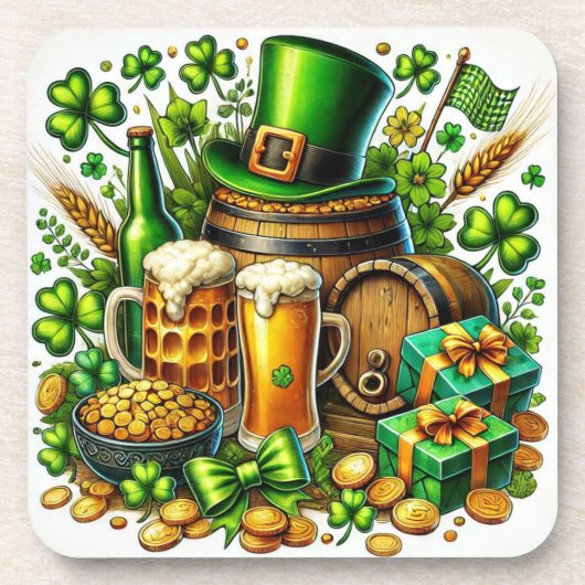 Waterverf St Patrick's Day Bier, Munten & Shamrock Bier Onderzetter (Voorkant)