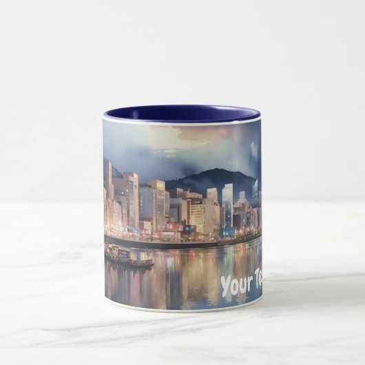 Waterverf Stad Nacht Uitzicht River en Gevist Boot Mok (Midden)