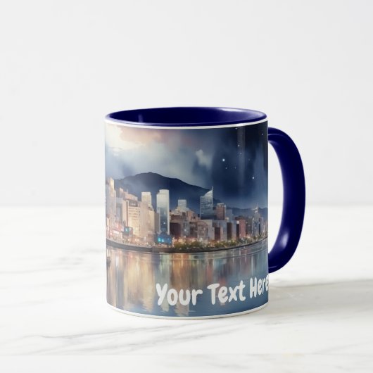 Waterverf Stad Nacht Uitzicht River en Gevist Boot Mok (Voorkant rechts)