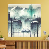 Waterverf stadsbeeld met bergen, bomen en canvas afdruk (Insitu (Woonkamer))