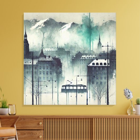 Waterverf stadsbeeld met bergen, bomen en canvas afdruk (Insitu (Woonkamer))