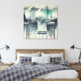 Waterverf stadsbeeld met bergen, bomen en canvas afdruk
