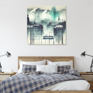 Waterverf stadsbeeld met bergen, bomen en canvas afdruk