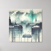 Waterverf stadsbeeld met bergen, bomen en canvas afdruk (Voorkant)