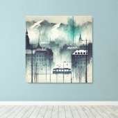 Waterverf stadsbeeld met bergen, bomen en canvas afdruk (Insitu (Houten vloer))