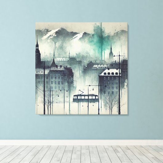 Waterverf stadsbeeld met bergen, bomen en canvas afdruk (Insitu (Houten vloer))