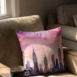 Waterverf Stadsgezicht Indigo Pastel Roze NY Silho Kussen