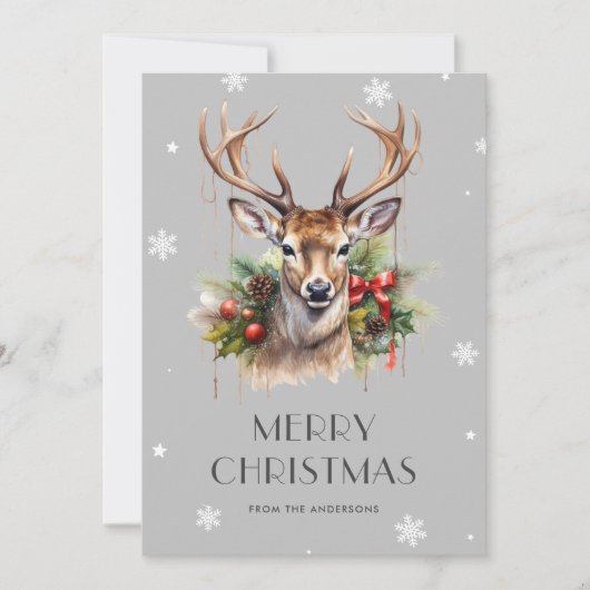 Waterverf Stag Snowflake Merry Christmas Kaart (Voorkant)