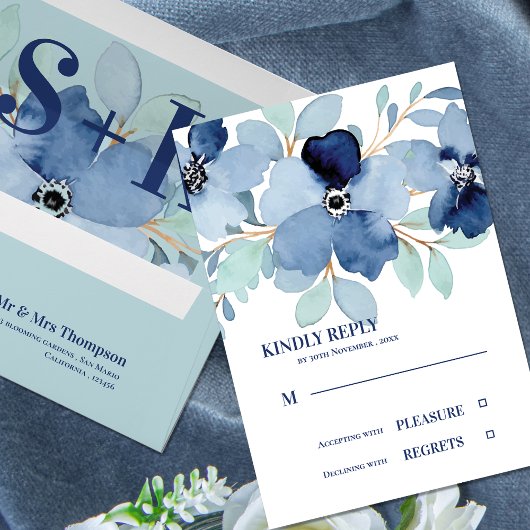  Waterverf Stale Blauw Bloemen Bruiloft RSVP