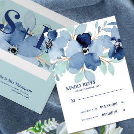  Waterverf Stale Blauw Bloemen Bruiloft RSVP