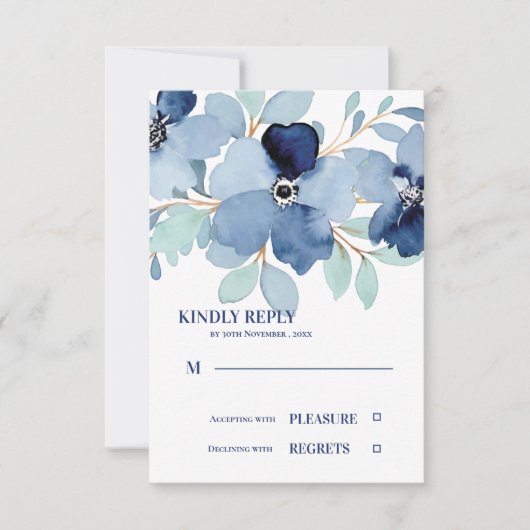  Waterverf Stale Blauw Bloemen Bruiloft RSVP (Voorkant)