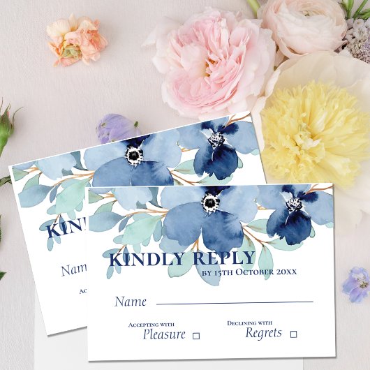 Waterverf Stale Blauwe Bloemen Bruiloft RSVP Kaartje