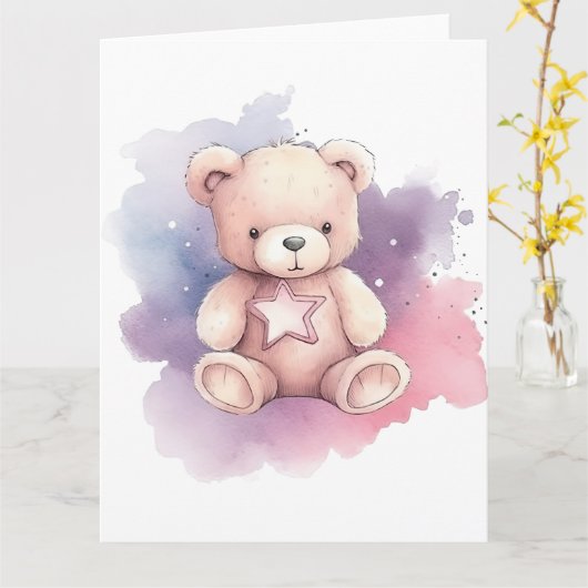 Waterverf Star Teddy Bear Kaart (Gele Bloem)