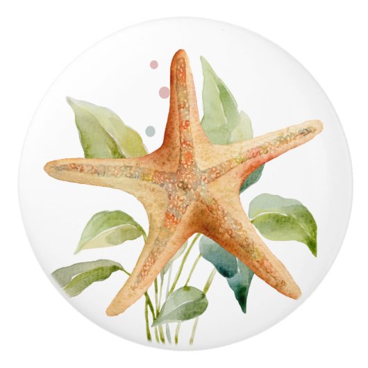 WATERVERF STARFISH ART BEACH COASTAL VACATON KERAMISCHE KNOP (Voorkant)
