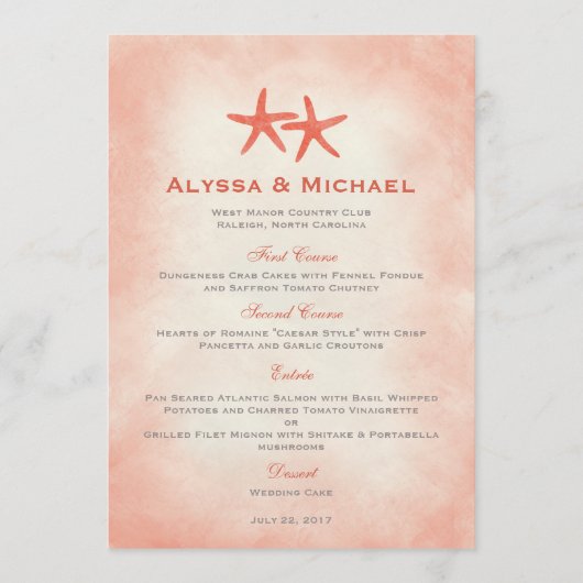 Waterverf Starfish Beach Wedding Menu Kaart Coral (Voorkant)