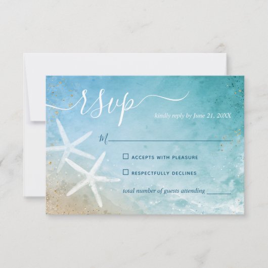 Waterverf Starfish Elegant Beach Wedding RSVP Kaartje (Voorkant)