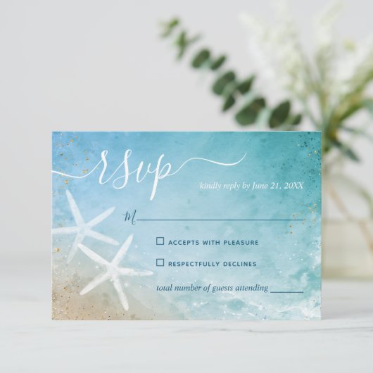 Waterverf Starfish Elegant Beach Wedding RSVP Kaartje (Staand voorkant)