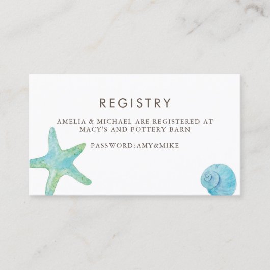 Waterverf Starfish & Seashells Gift Registry Kaart Visitekaartje (Voorkant)