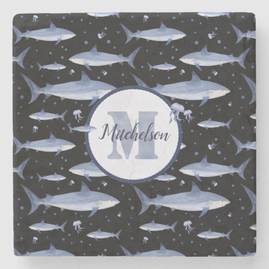 Waterverf Steel Blue Black Shark Monogram Onderzet Stenen Onderzetter (Voorkant)