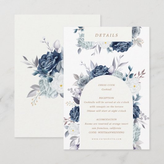 waterverf steelblauwe bloemdetails informatiekaartje (Voorkant / Achterkant)