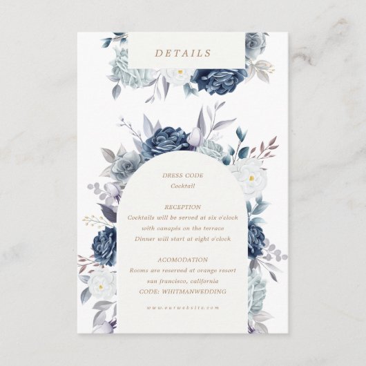 waterverf steelblauwe bloemdetails informatiekaartje (Voorkant)