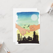 Waterverf stel belooft stadsgezicht uitzicht, pink kaart (Voorkant / Achterkant in situ)