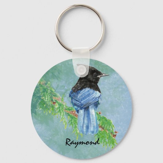Waterverf Stellar Jay Bird Custom Name Natuur Sleutelhanger (Voorkant)