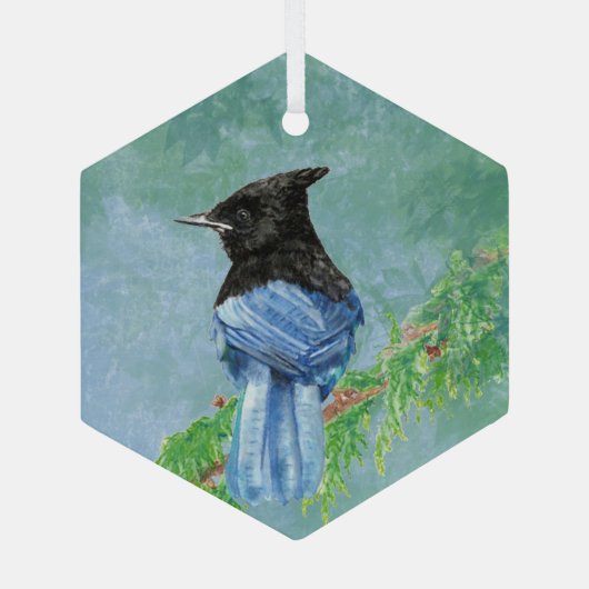 Waterverf Stellar Jay Bird Natuur Art Glas Ornament (Achterkant)
