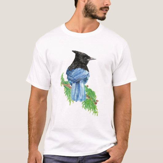 Waterverf Stellar Jay Bird Natuur Art T-shirt (Voorkant)