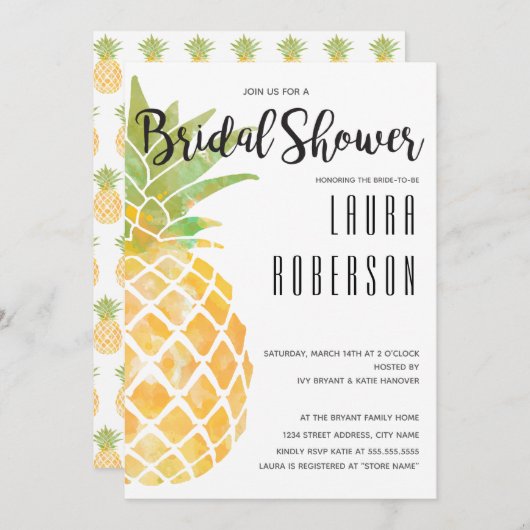 Waterverf stencil ananas | Brida Shower Invite Kaart (Voorkant / Achterkant)
