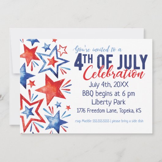 Waterverf Sterren 4 juli Uitnodiging (Voorkant)