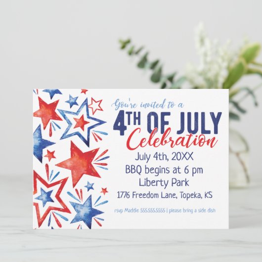 Waterverf Sterren 4 juli Uitnodiging (Staand voorkant)