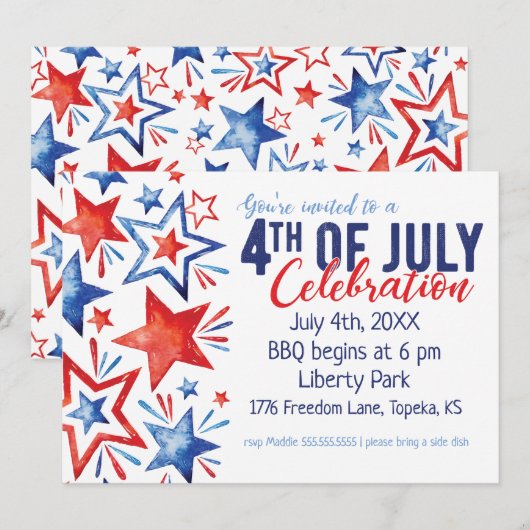 Waterverf Sterren 4 juli Uitnodiging (Voorkant / Achterkant)